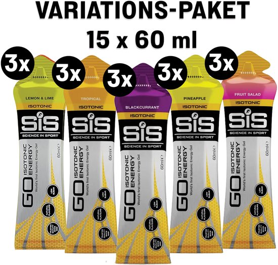 Variatiepakket met 15 gels van 60 ml: sinaasappel, tropisch, ananas, zwarte bes en citroen limoen. Met 'GO ISOTONIC ENERGY' logo.