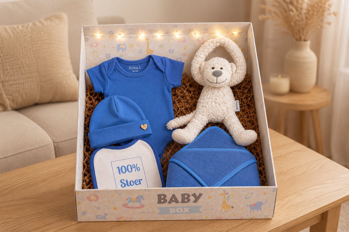 Kraamcadeau Jongen Blauw – Luxe Baby Giftset met Badcape, Badjas, Knuffel, Rompertje, Mutsje & Slab – Babyshower Cadeau – Blijeitje & Funnies