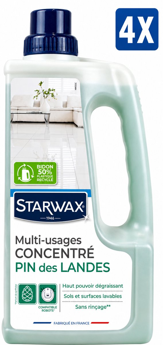 Starwax Allesreiniger Multi-Usages Concentraat Pin des Landes Concentré 1 Liter - Set van 4 Flessen (4 L Totaal) - Geurverdrijver Ontvetter Zonder Bleekmiddel en Zonder Spoelen - Made in France