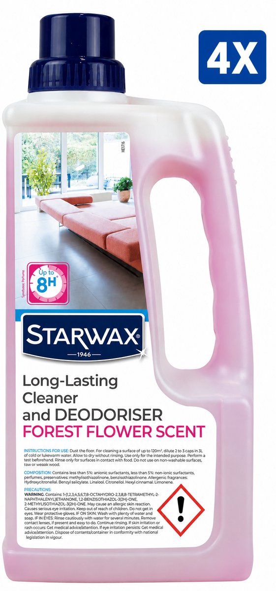 Starwax Allesreiniger Multi-Usages Fleur des Bois 1 Liter - Set van 4 Flessen (4 L Totaal) - Geurverdrijver Ontvetter Zonder Bleekmiddel en Zonder Spoelen - Made in France