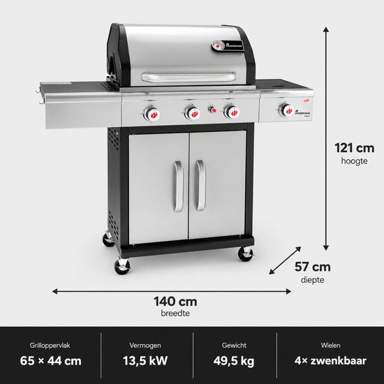 Landmann Triton PTS 3.1 Gas BBQ - Zijbrander - 3 Branders - 140 cm - Edelstaal - Gietijzeren Rooster van Landmann — afbeelding 2