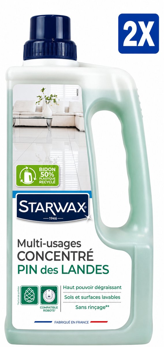 Starwax Allesreiniger Multi-Usages Concentraat Pin des Landes Concentré 1 Liter - Set van 2 Flessen (2 L Totaal) - Geurverdrijver Ontvetter Zonder Bleekmiddel en Zonder Spoelen - Made in France