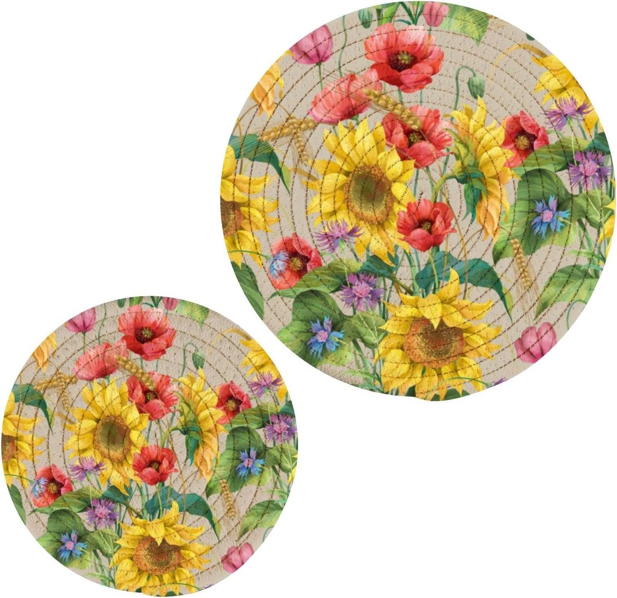 Pannenonderzetters Set - Onderzetters Keuken - Bescherming Tafel - Geweven Katoen - 2 Stuks - Rood Bloemmotief