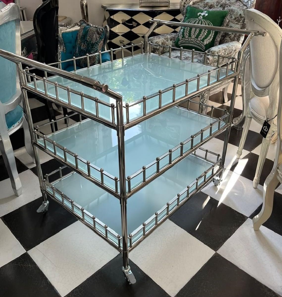 Serveertrolley Luxe Barwagen 75 x 54 x 87 cm RVS & Gehard Glas Zilver – Hotel Trolley voor Horeca, Restaurant, Catering & Thuisgebruik – Mobili Bella