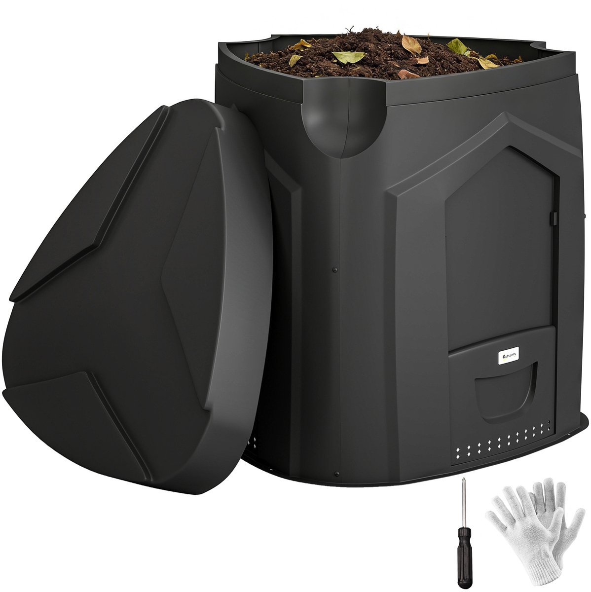 Compostbak 240L PP - Kunststof Zwart 78x75x78cm - Open Bodem Triangulair Stabil Met Ventilatie - Openingen Eenvoudig Monteren Voor Tuin Keukenafval Met Montagekit Handschoenen En Schroevendraaier