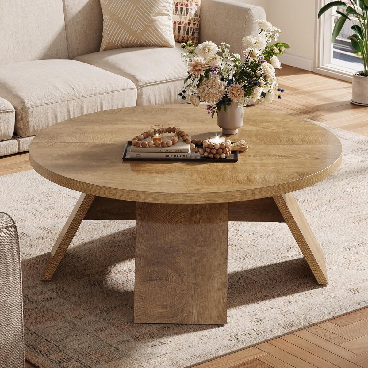 Ronde Salontafel Ø102 x 45 cm – Houten Woonkamertafel met Gespreide Poten, Modern Design en Ruim Tafelblad – Koffietafel, Middentafel en Bijzettafel voor Woonkamer, Slaapkamer en Kantoor – Mobili Bella