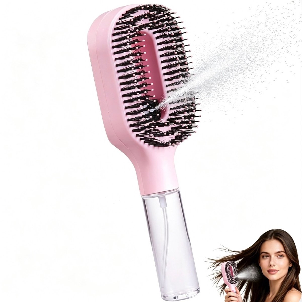 2-in-1 Spray Haarborstel met 55ml Reservoir - Natuurlijke Varkenshaar & Nylon Borstels - Voor Glad en Glanzend Haar, Ontklit zonder Pluisjes, Geschikt voor Alle Haartypes, Met Fijne Verstuivende Nevel - roze