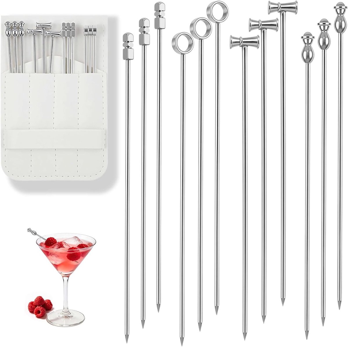 Herbruikbare RVS Cocktailprikkers voor Dranken - 12 Stuks met Opbergtas, Perfect voor Aperitief en Olijven, Geschikt voor Vaatwasser