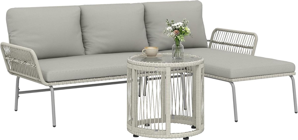 Tuinmeubelset 3-Delig 122x79x75 cm Polyrotan Loungeset met Chaise Longue, 2-Zitsbank, Glazen Tafel, Afneembare Kussens, Weerbestendig voor Tuin, Terras en Balkon Lichtgrijs - Mobili Bella