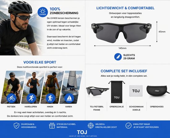 Fietsbril Met Hoes - Sportbril - Racefiets - Mountainbike - MTB - Sport Fiets Bril| Zonnebril - UV Bescherming - Zwart - Donkere Lens — afbeelding 4