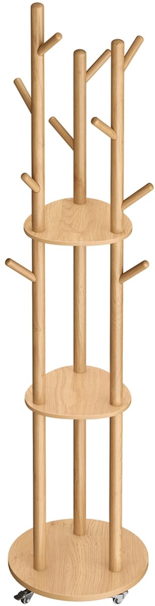 Kapstok - 11 haken - Rubberhout/MDF/staal - 3 planken - Verwijderbare zwenkwielen