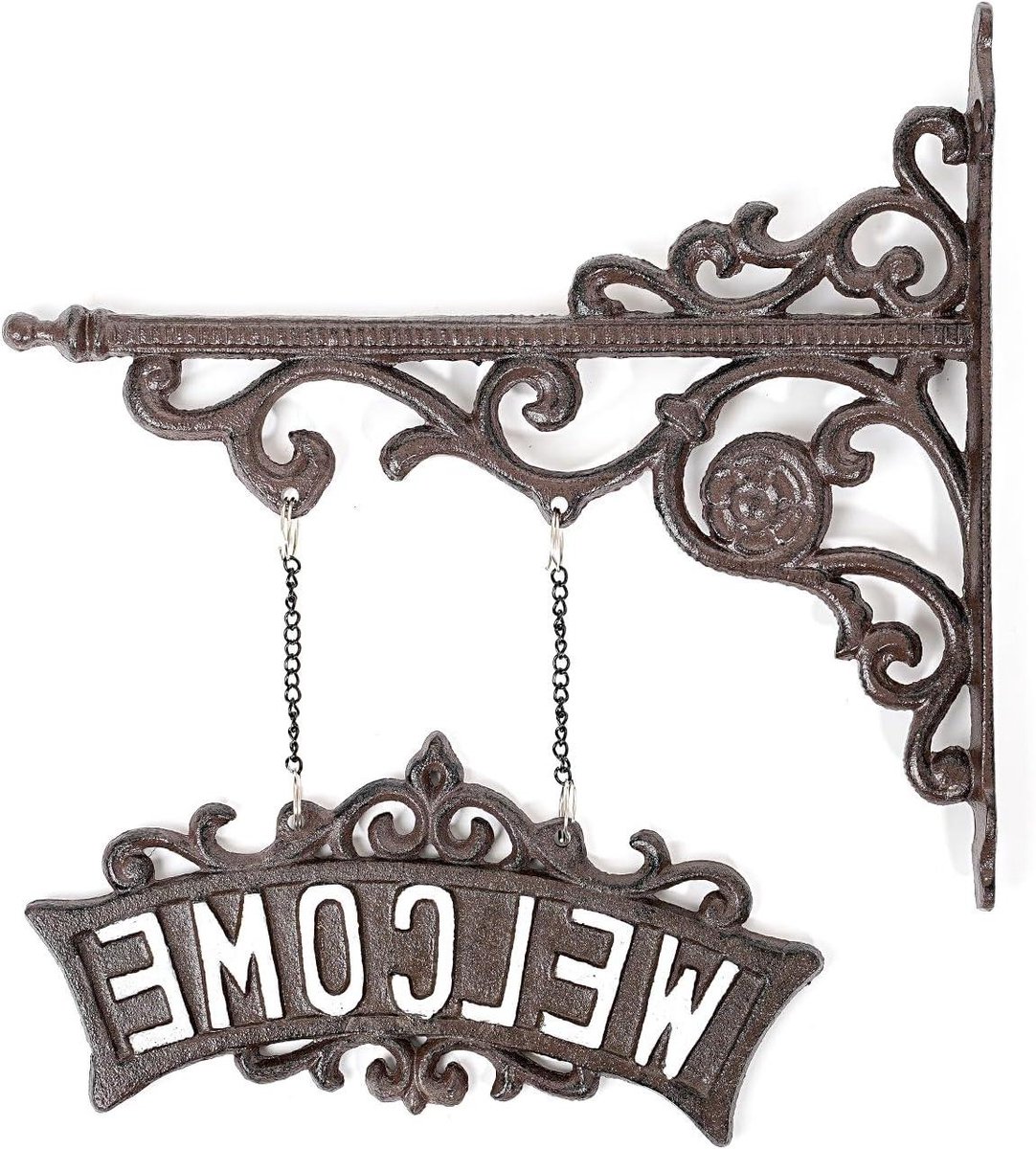 Vintage Welkomstbord - Decoratief Huisnummer - Voordeur Versieren - Gietijzer met Rankwerk - 34 x 30 cm - Antiekbruin