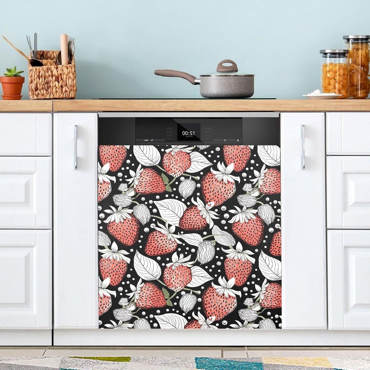 Vaatwasser Covers - Decoratieve Magneten - Keuken Decoratie - Universele Compatibiliteit - 58 x 66 cm - Aardbeien Wit Zwart
