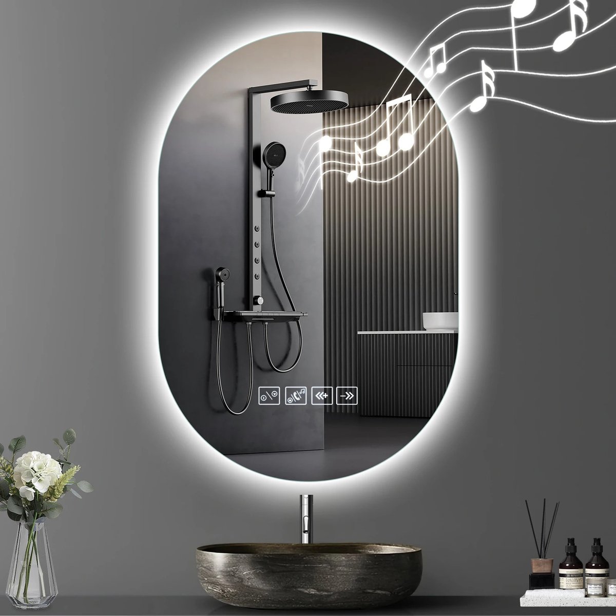 RosaBloom Luxe Ovale Badkamerspiegel met LED-verlichting en Bluetooth Speaker - Wandspiegel met Anti-Condens - Make-up en Scheerspiegel