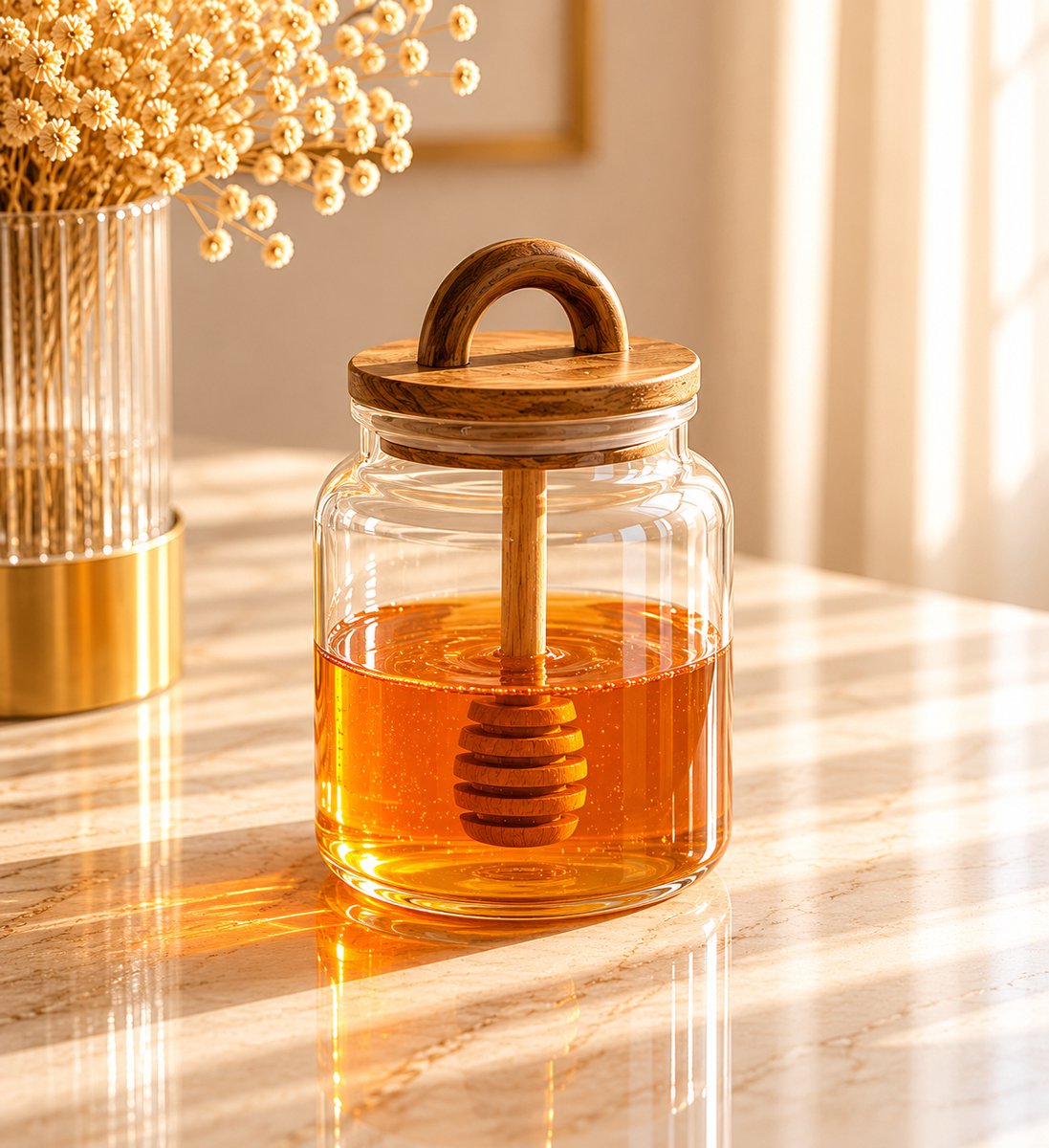 Glazen honingpot met een houten deksel / lepel