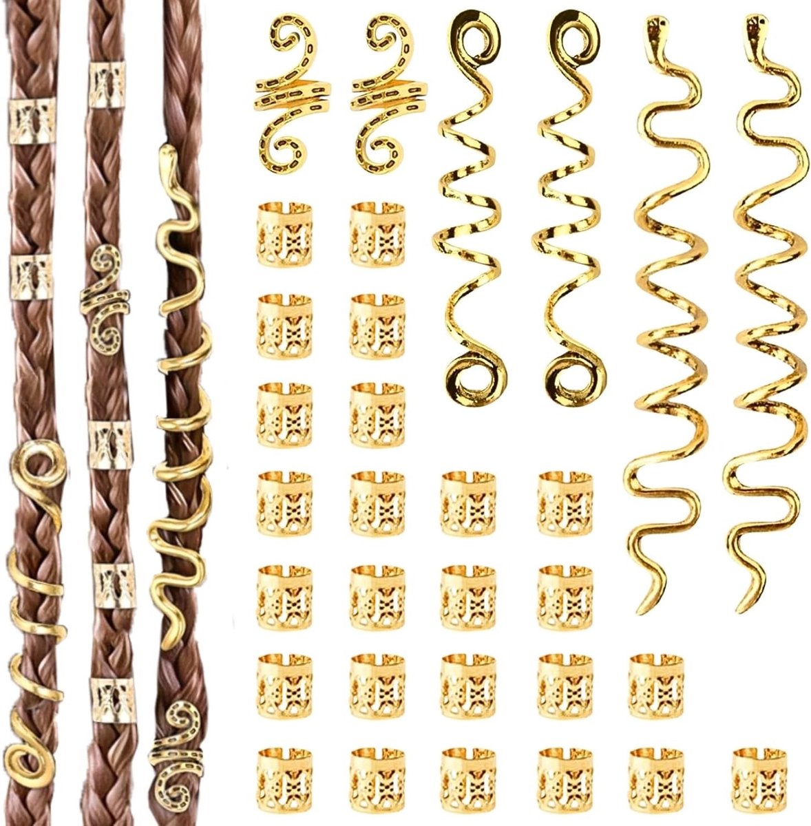 31 Delige Set Gouden Haarringen en Charms voor Dreadlocks en Vlechten