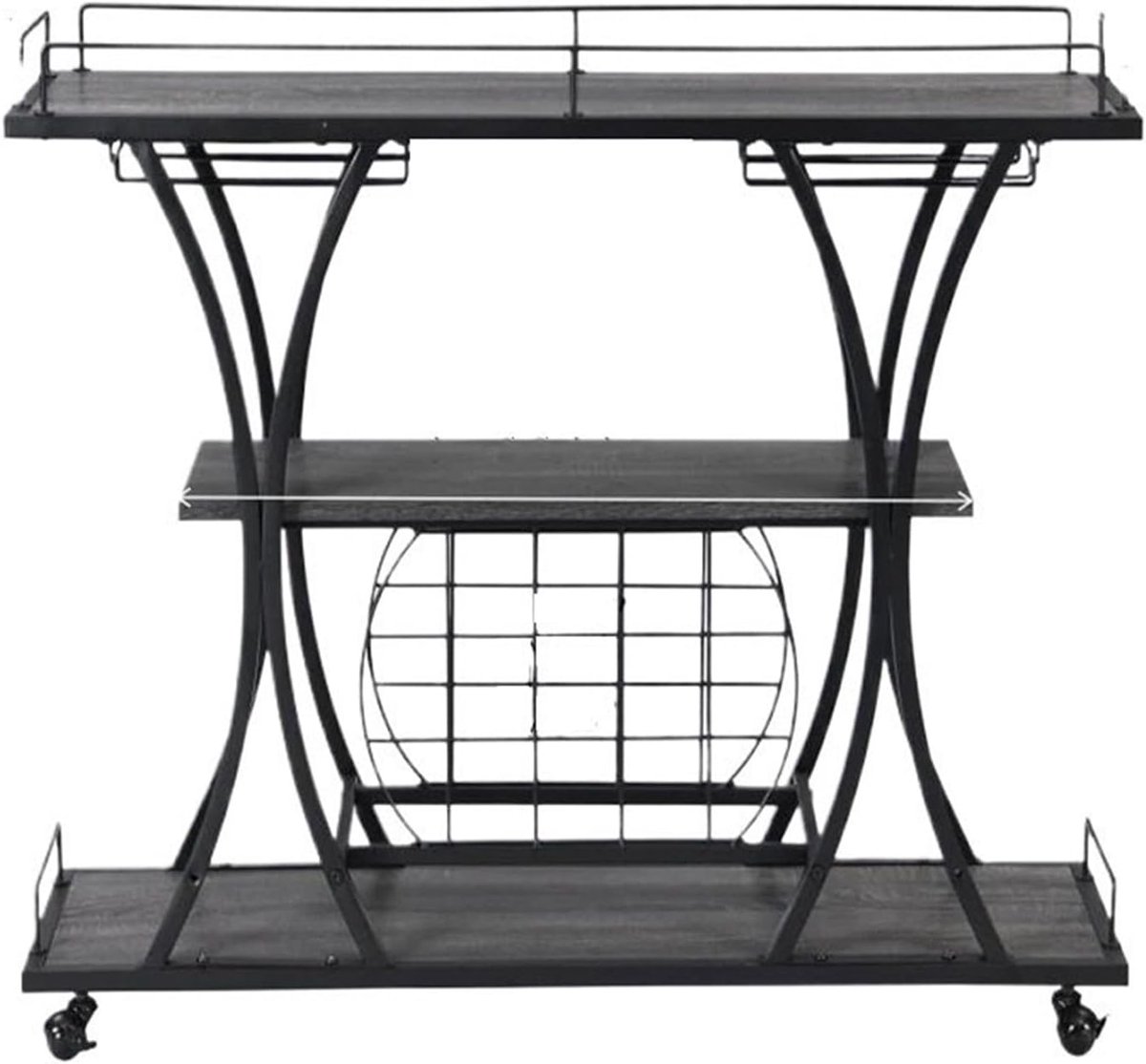 Barwagen op Wielen 3-Laags met Wijnrek voor 11 Flessen & 6 Glazen – Drankwagen met Glashouder, Houten & Metalen Serveerwagen voor Keuken, Woonkamer en Eetkamer – Industrieel Design – Mobili Bella