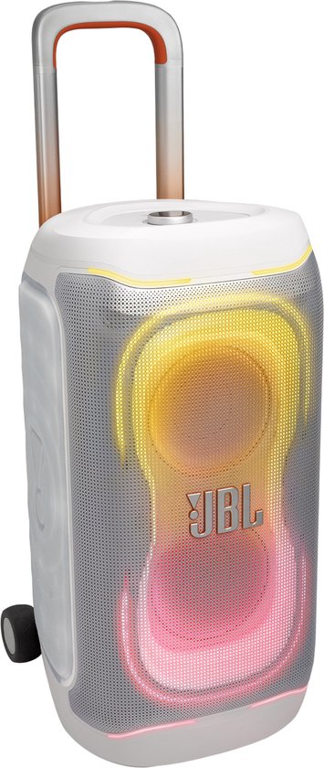 Witte JBL PartyBox 330 met uitschuifbare oranje handgreep, roze en gele LED-verlichting.