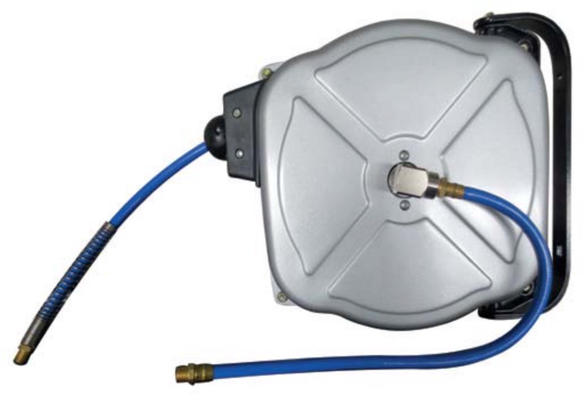 Ironside Slanghaspel 15 m (lucht) — PU persluchtslang 8×12 mm, 10 bar, automatische oprolveer (Art. 25227) - slanghaspel 15 m, persluchtslang 15m 10 bar, PU slang 8x12, haspel automatische oprolveer, wandhaspel 180° draaibaar, Ironside slanghaspel
