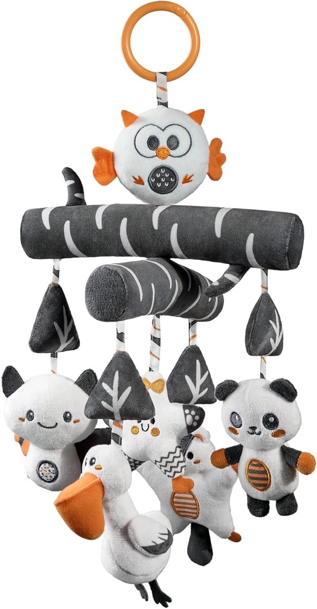 Speelgoed voor Babywagens van 0 tot 12 Maanden, Contrast Zwart-Wit Speelboog met Geluid, Pluche Dier Hanger als Cadeau voor Jongens en Meisjes