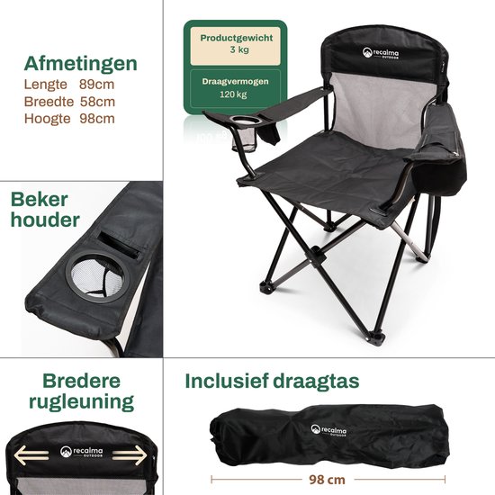 Recalma Campingstoel Opvouwbaar - Met Koelvak & Bekerhouder - Visstoel Klapstoel - Ademende Rugleuning - 150 kg - Incl. Draagtas - Zwart van Merkloos — afbeelding 2