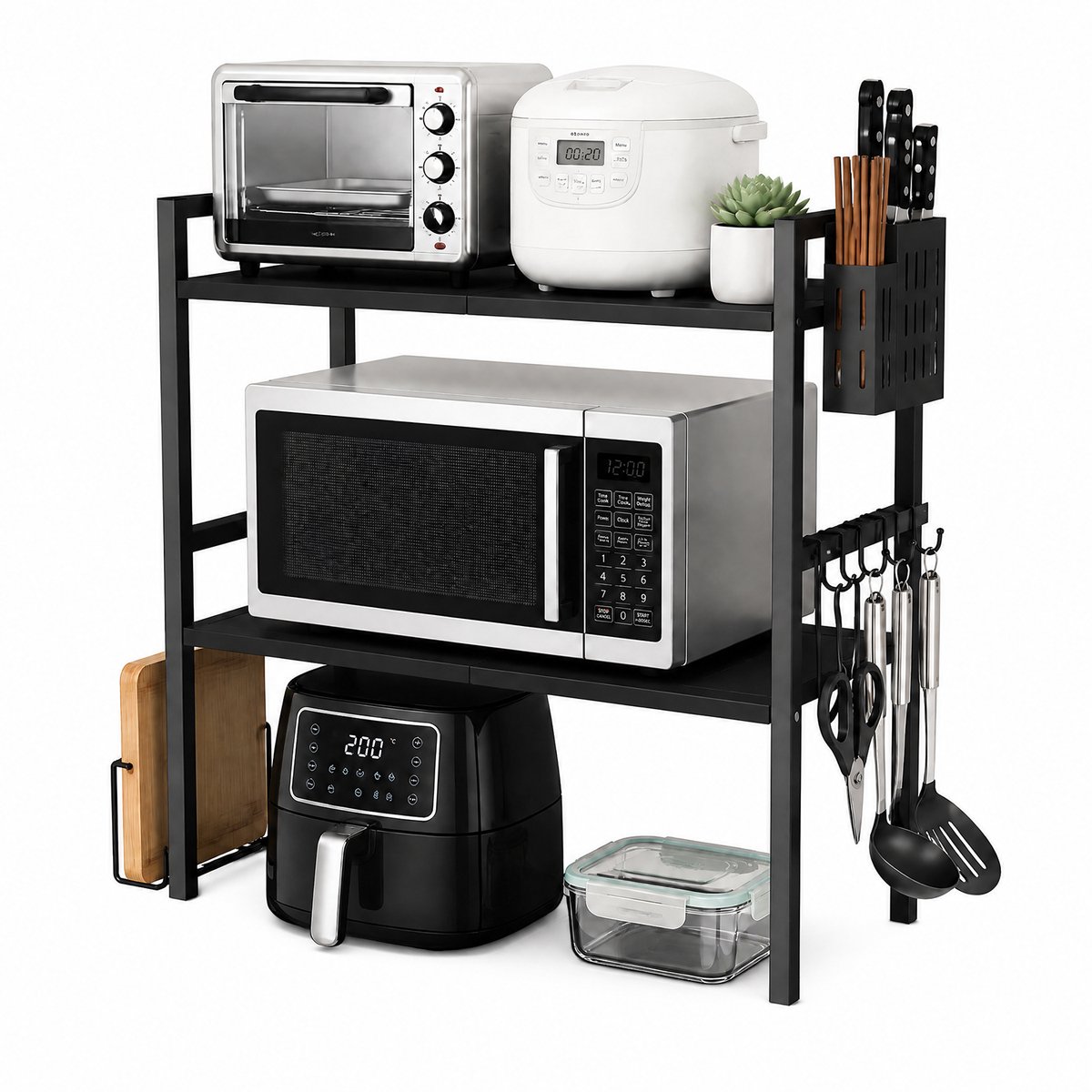 Uitschuifbaar Magnetronrek met 2 Lagen – Keuken Opbergrek met Bestekhouder, Messenhouder en Snijplankhouder – Metaal Keuken Organizer – Zwart – 40–64 x 36,5 x 78 cm