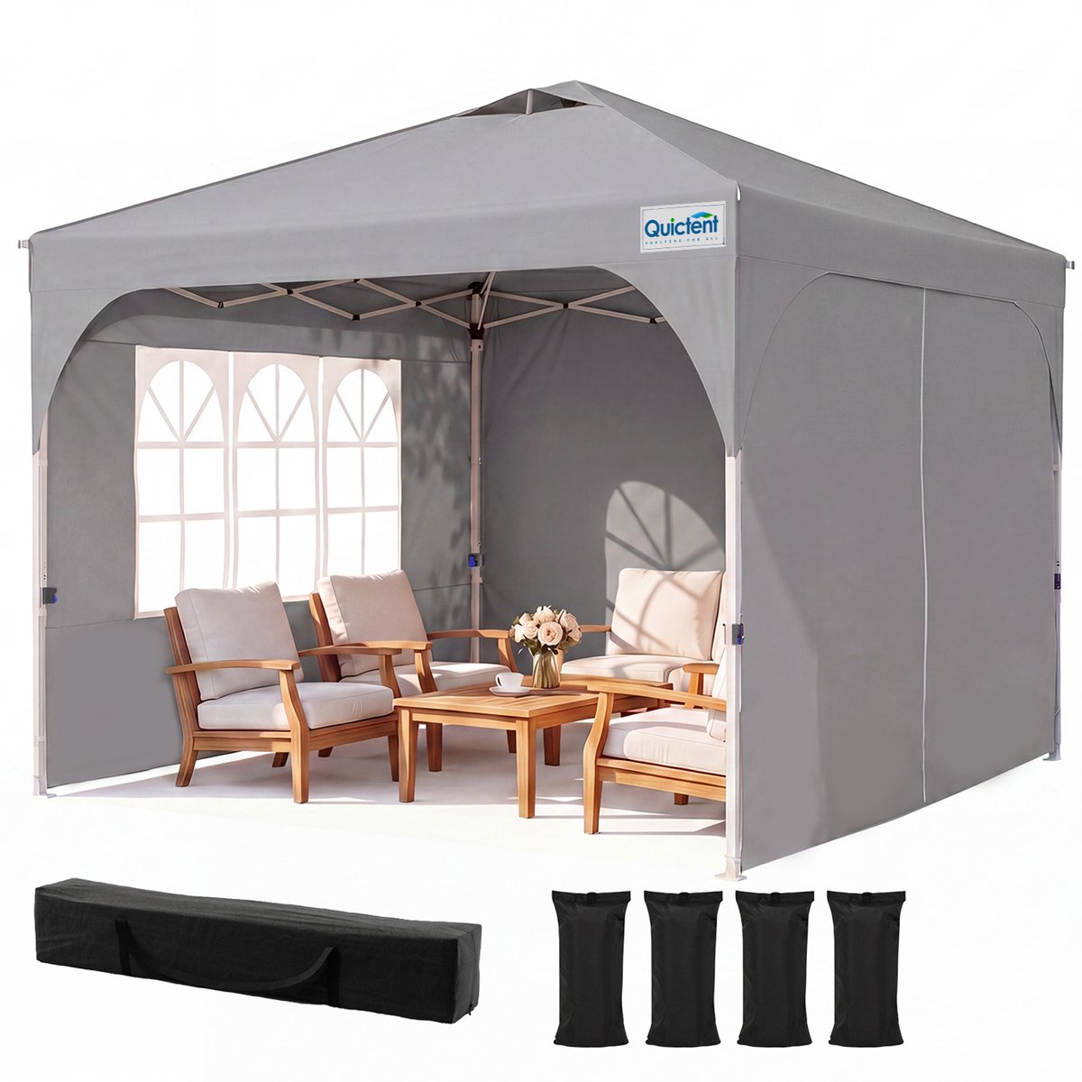 Quictent Vouwbare Partytent 3x3m – centrale vergrendeling, 3 zijwanden, UV 50+ – Grijs