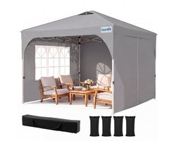 Quictent Vouwbare Partytent 3x3m – centrale vergrendeling, 3 zijwanden, UV 50+ – Grijs