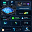 Scherm met Android, WiFi, Bluetooth 5.0, GPS, DSP, ventilatorkoeling. Toont specificaties zoals 2GB RAM, 64GB ROM.