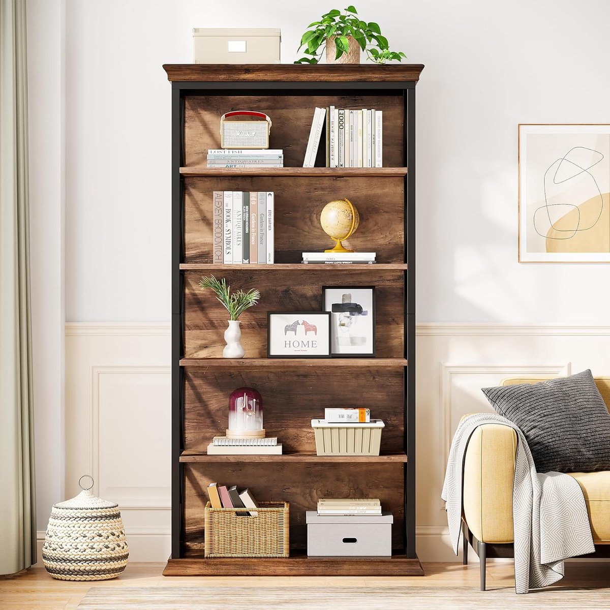 Boekenkast industrieel 180 cm hoog – House&Garden Open Boekenkast met 6 planken & metalen frame – Stabiel staand rek voor woonkamer & kantoor – Vintage bruin zwart design opbergkast