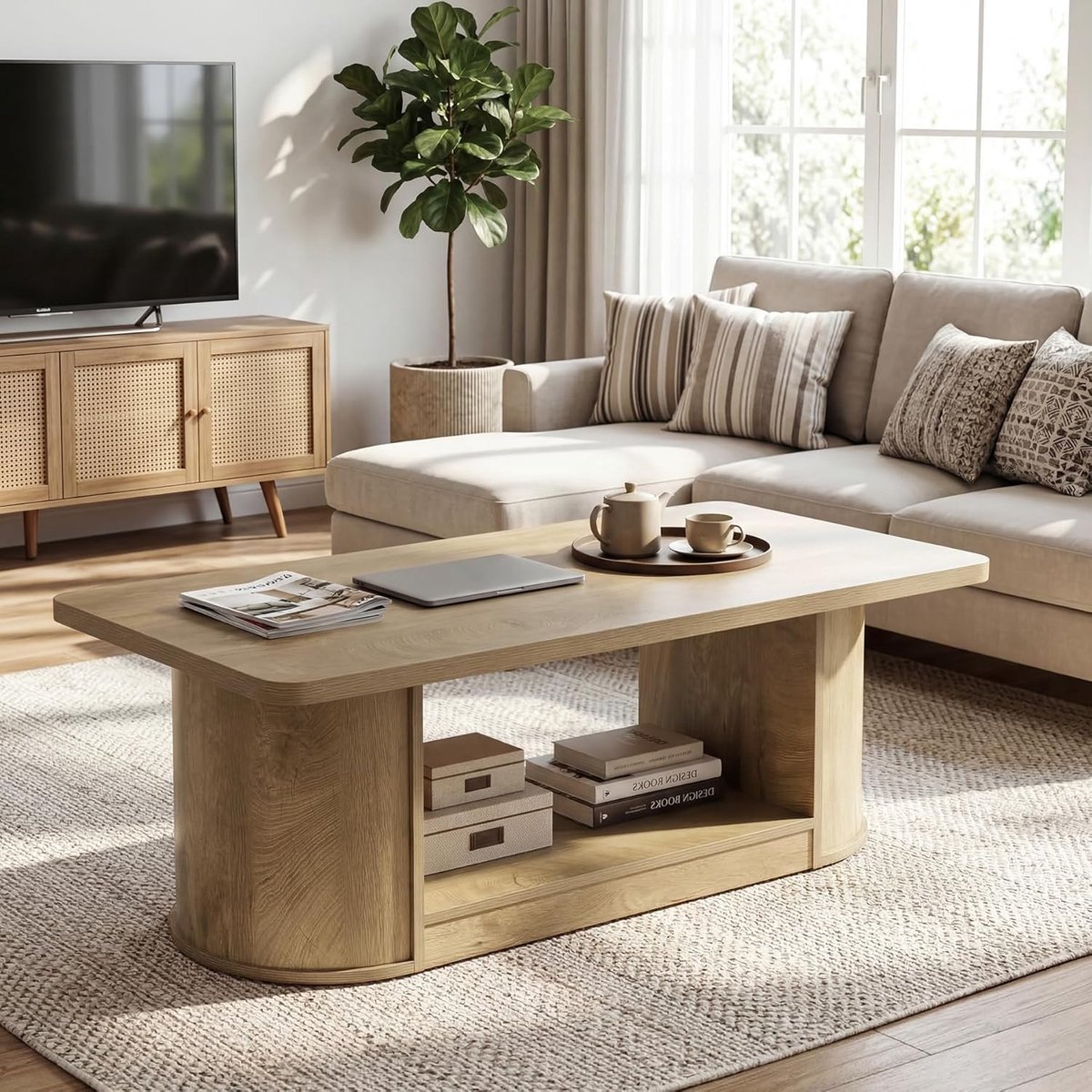 Salontafel Industrieel - House&Garden Moderne Salontafel 120x60x45 cm - Rechthoekige Koffietafel met Opbergplank - Houten Woonkamertafel - Lichtbruin - Design Salontafel voor Woonkamer, Kantoor en Slaapkamer