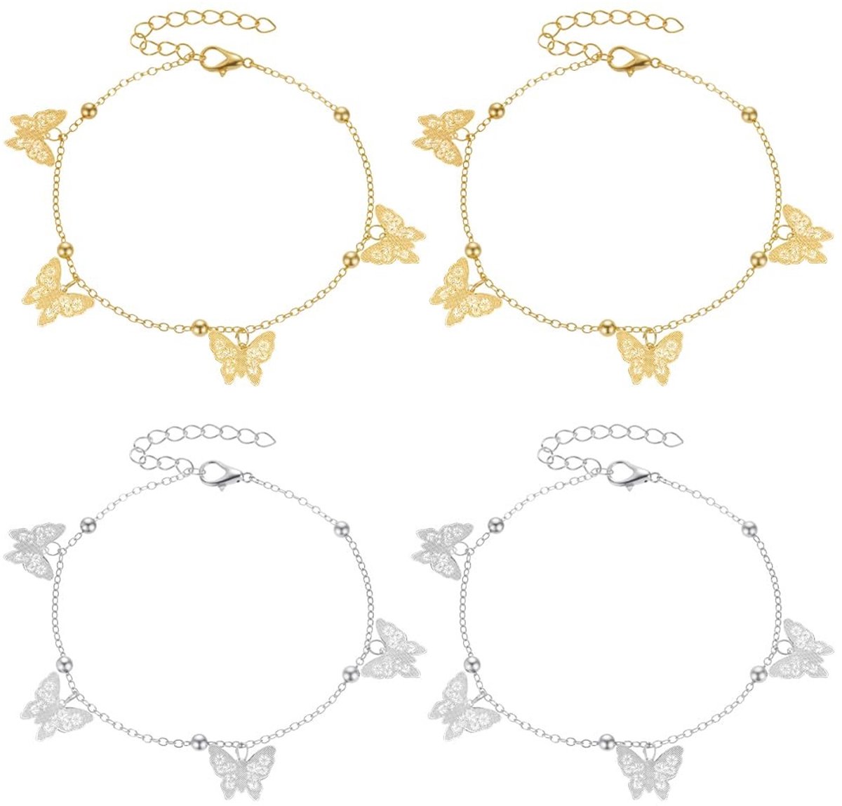 Dailygoods- Enkelbanden Verstelbaar - Holle Vlinder Hangers - Gouden/Zilveren Kralen - Strand Sieraden - Voet Ketting - Geschikt voor Vrouwen - Enkelkettingen
