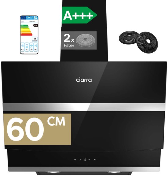 CIARRA VM6736NB- A+++ 693 m³/u Schuine Afzuigkap 60 cm met BOOST 4 Standen Wi-Fi & SensorTouch BedieningLED