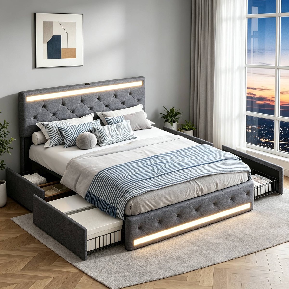 Gestoffeerd Tweepersoonsbed 140x200 cm met LED‑Verlichting en USB‑Poorten, Opbergbed met 4 Lades en Lattenbodem, Modern Bed voor Jeugd en Volwassenen, Linnen Grijs (Zonder Matras)