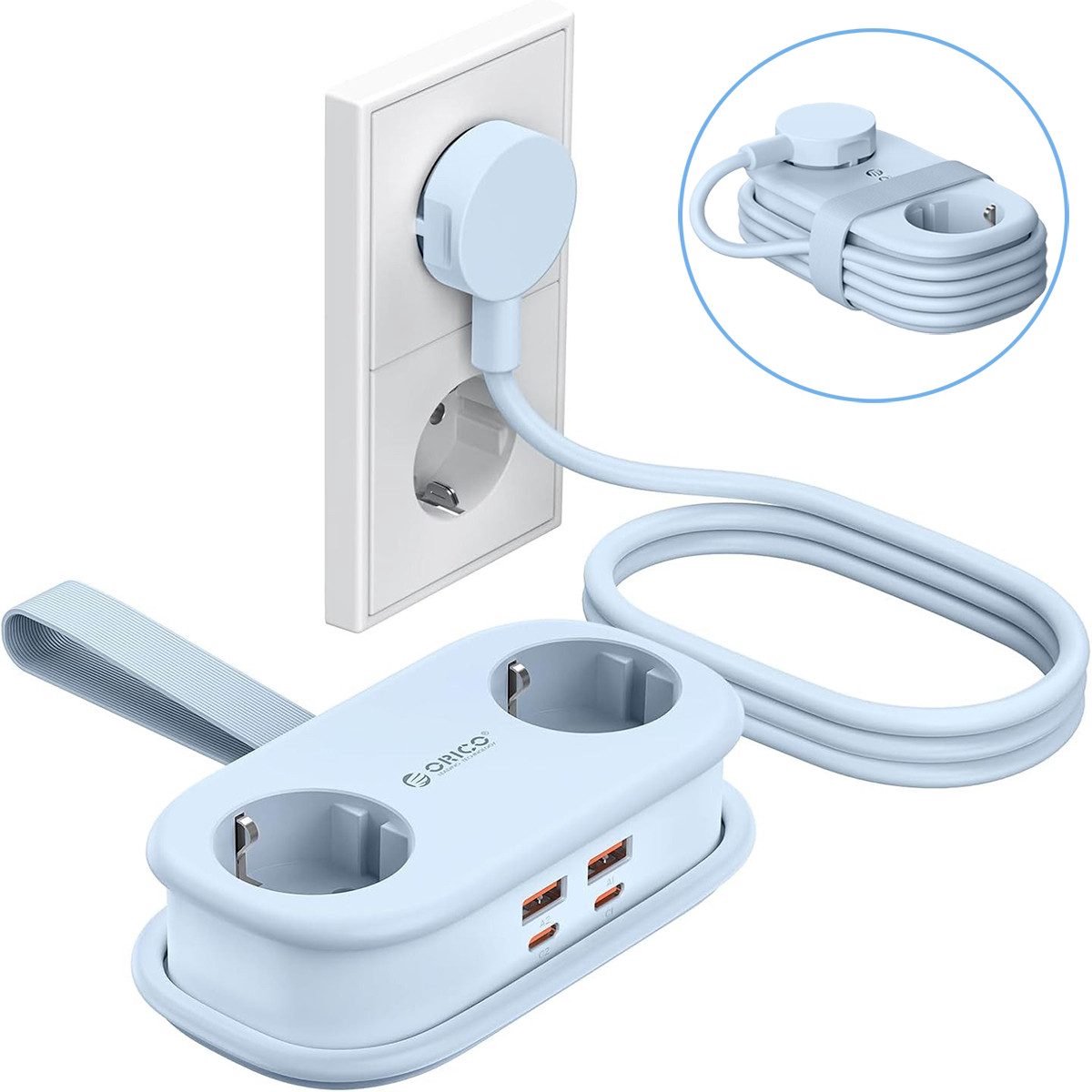 ORICO AP3 65W - Stekkerdoos - Reisstekkerdoos - GaN stekkerdoos – 6-in-1 platte stekker met stekkerdoos (2 stopcontacten + 4x USB-A/USB-C) – Kinderveilig – 1,6 m kabel – Compact – Voor MacBook, iPad, iPhone, laptop