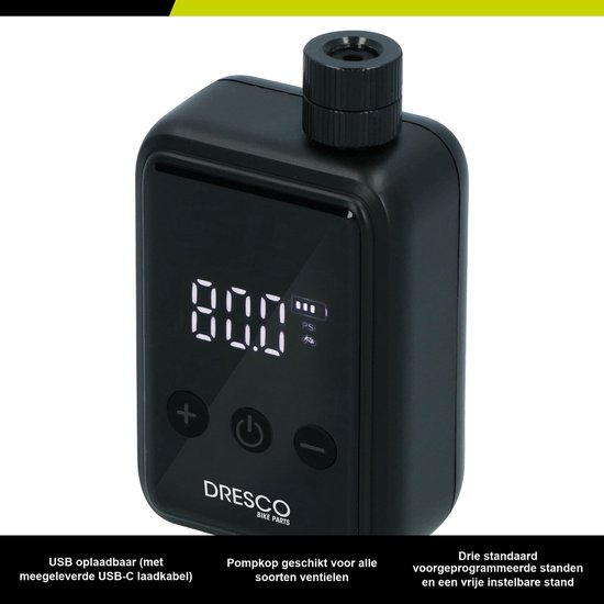 Dresco Elektrische Fietspomp Compact - 125 PSI - USB-C Oplaadbaar - Voor Fiets, Motor en Bal van Dresco — afbeelding 4