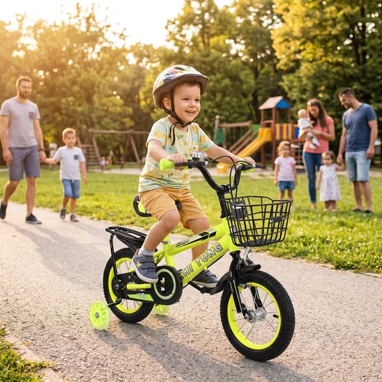 14 Inch Kinderfiets – Verstelbaar Zadel en Stuur – Met Zijwieltjes, Mandje en Achterzitje – Geel — afbeelding 2