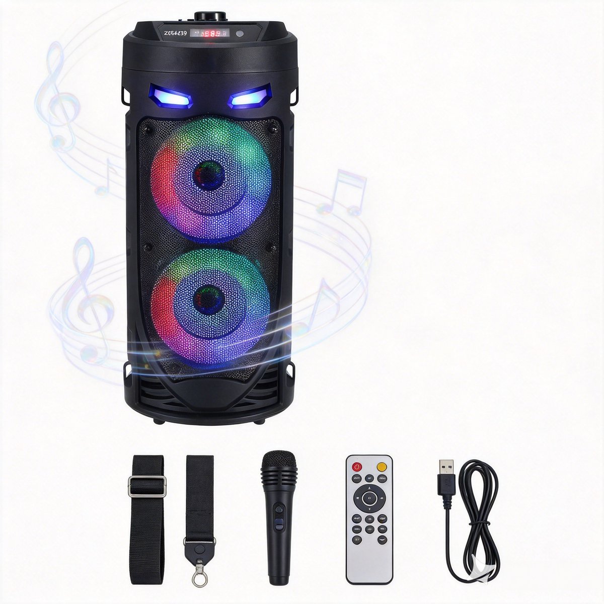 Draagbare Bluetooth Speaker - 16W Stereo, RGB LED Verlichting, Karaoke Microfoon, Zwart | Voor Buiten & Feesten