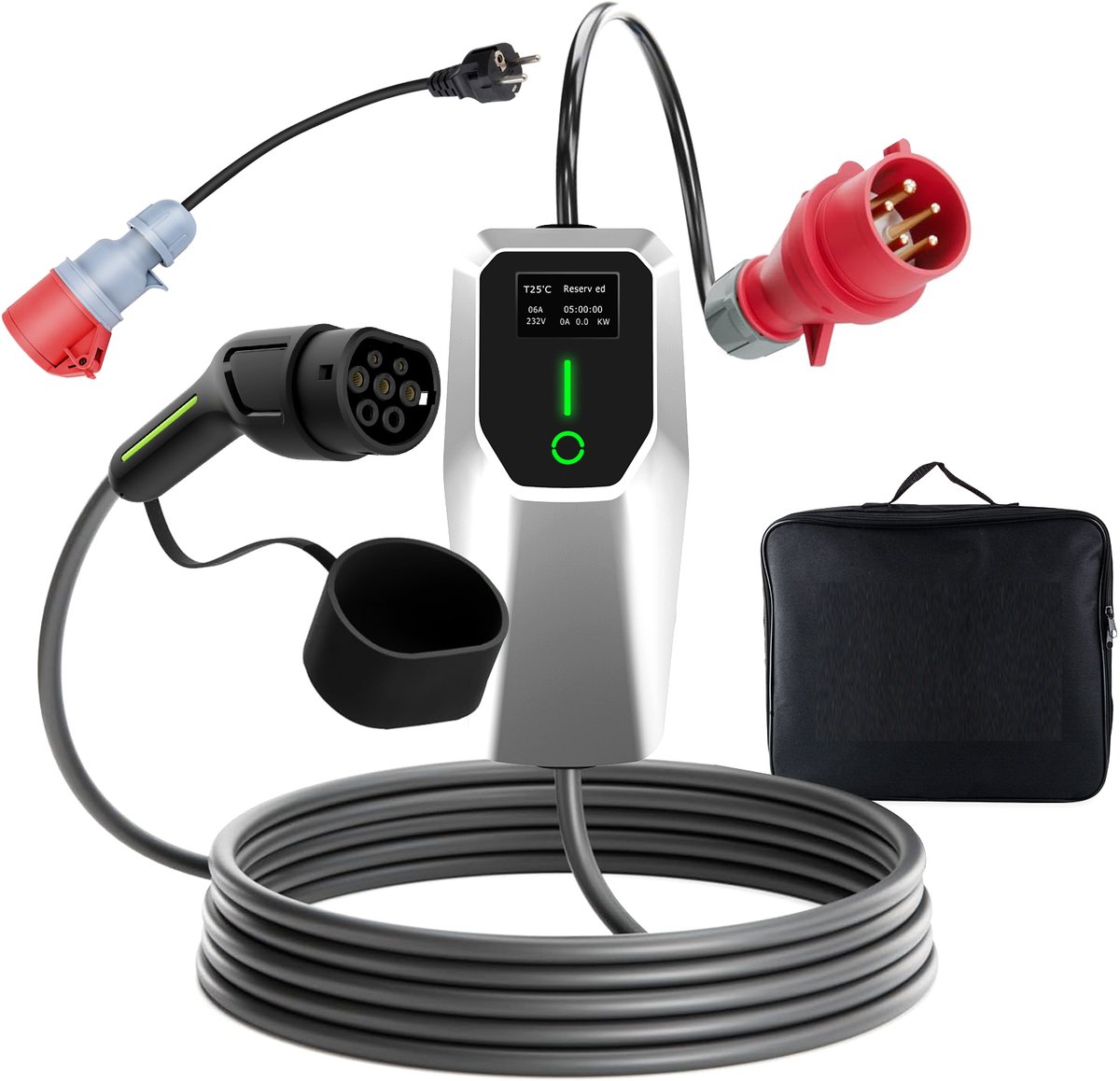 Hexinex - Mobiele Thuislader 11kW - CEE naar Type 2 stekker EV oplader - 6 meter Laadkabel - 6A/8A/10A/13A/16A - Schuko-adapter