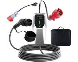 Hexinex - Mobiele Thuislader 11kW - CEE naar Type 2 stekker EV oplader - 6 meter Laadkabel - 6A/8A/10A/13A/16A - Schuko-adapter