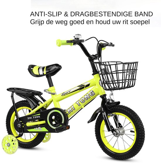 14 Inch Kinderfiets – Verstelbaar Zadel en Stuur – Met Zijwieltjes, Mandje en Achterzitje – Geel — afbeelding 4