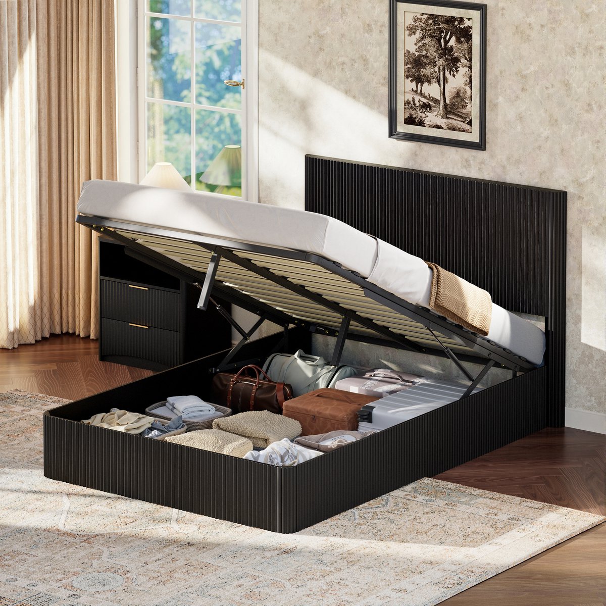 Clruro Bed 140x200 cm - Opbergbed met Hydraulisch Systeem en Lattenbodem - Geribbeld Design - Hout - Zwart