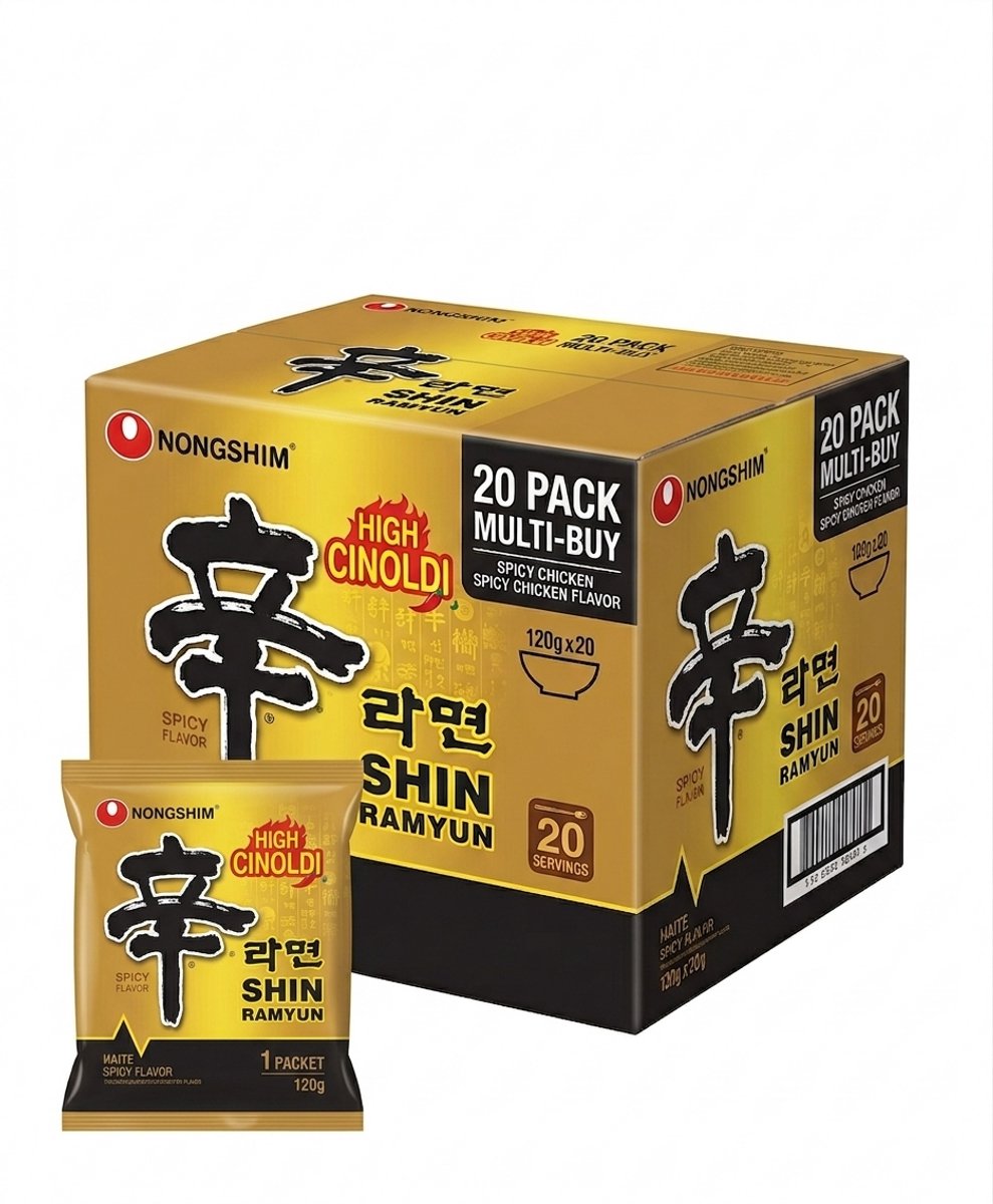 Nong Shim Instant Noodles Shin Ramyun Kip - Koreaanse pittige kip ramennoedelsoep - Snel klaar - Verpakking van 20 stuks (120 g per stuk) Met Kajal Sticker