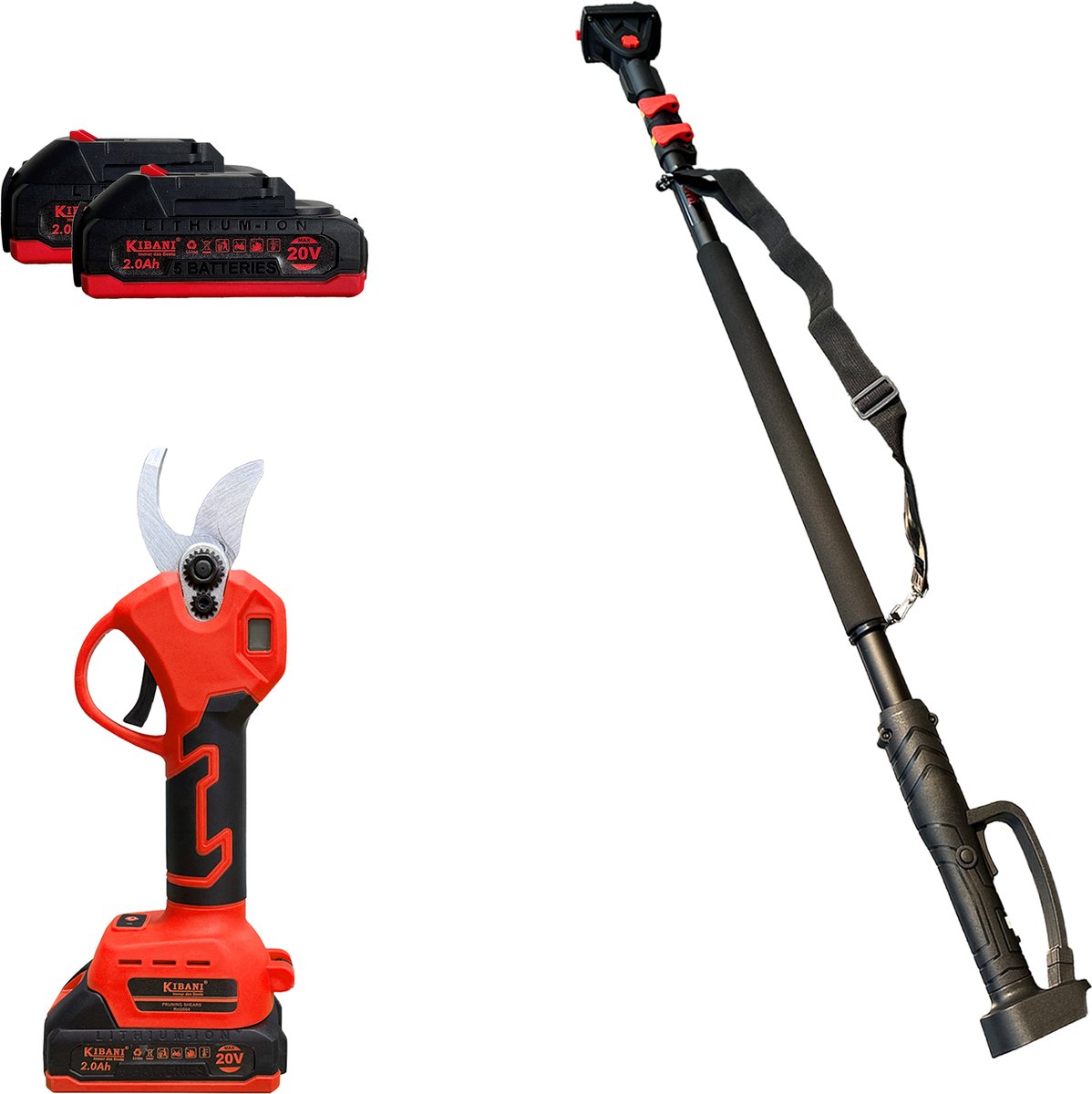 Kibani Accu Takkenschaar 21V + Kibani Telescoopsteel 3 meter - Met 2 2000 mAh accu's - Inclusief opbergdoos - Bloemen- en Heggenschaar - Tot 30 mm snoeien - Compacte snoeischaar - Snoeigereedschap op hoogte