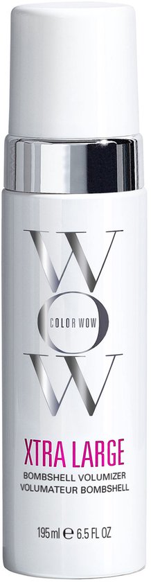 Witte fles met zilveren accenten. Tekst: COLOR WOW XTRA LARGE BOMBSHELL VOLUMIZER 195 ml e 6.5 FL OZ.
