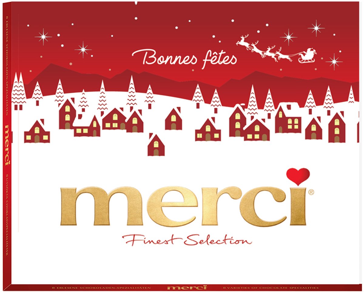 merci 250g "Bonnes fêtes" - merci Finest Selection Assorted chocolade - Mix van 8 smaken - Chocolade cadeau - Kerstcadeau - Individueel verpakte chocoladereepjes