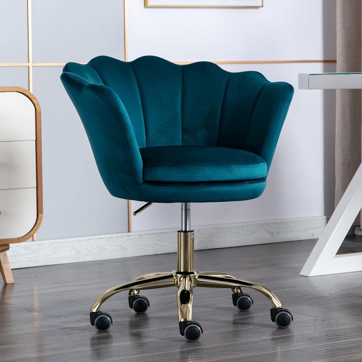 Draaistoel Fluweel - Bureaustoel Decoratief - Comfortabel Zitten - Bloemblaadjes Rugleuning - 76-85 cm Hoogte - Blauwgroen