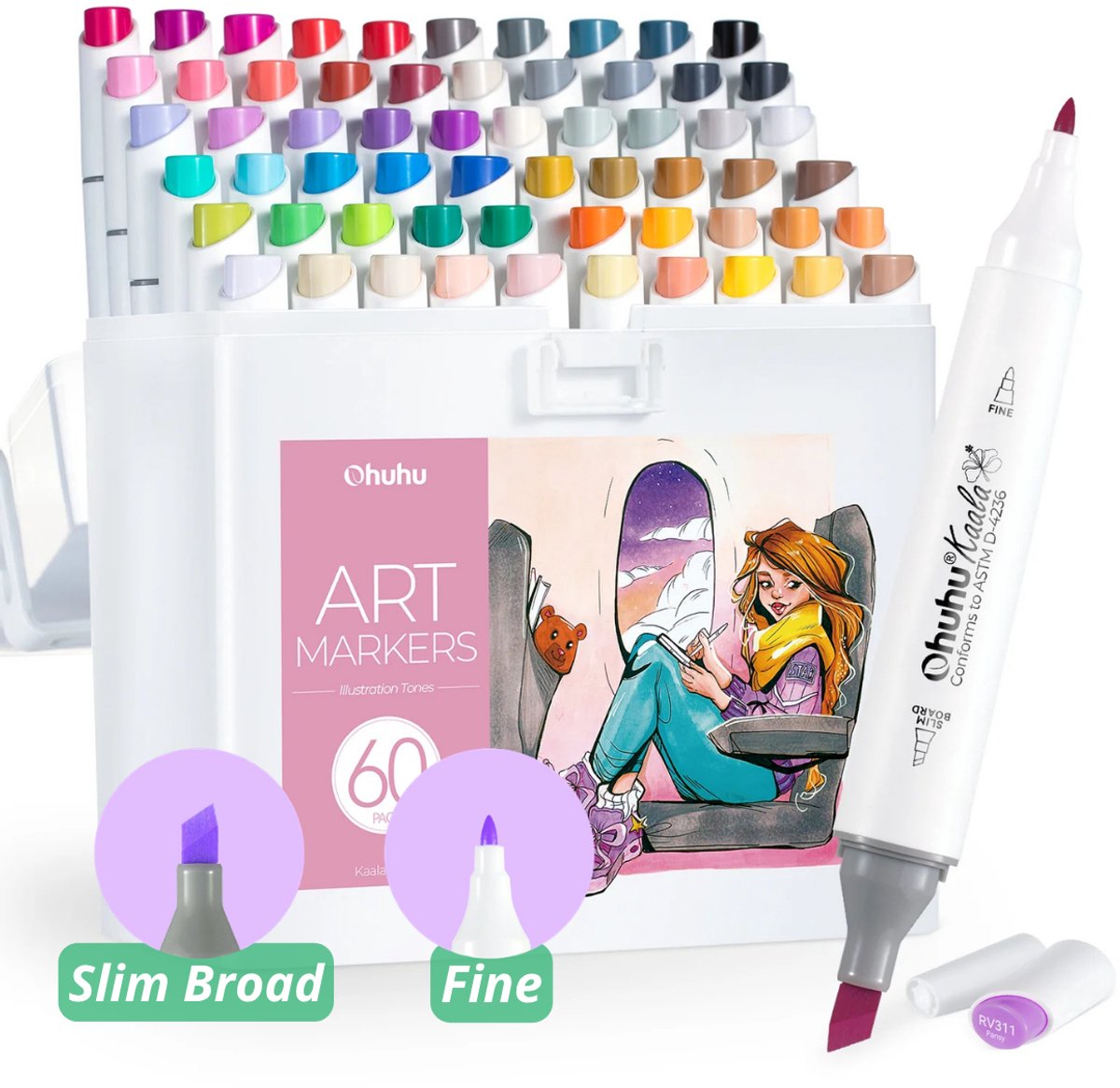 Ohuhu - Kaala Slim Broad & Fine - Alcohol based Art Markers - 60 Illustration Tones kleuren