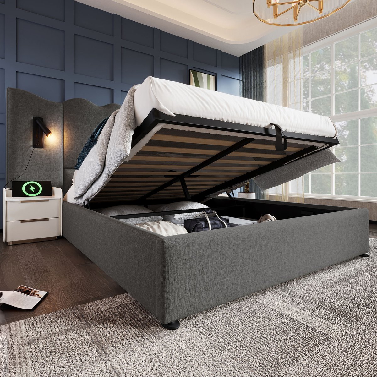 Welltin Gestoffeerd tweepersoonsbed 180×200 cm - leeslamp en USB Type-C oplaadfunctie, opbergbed, bedframe met lattenbodem van massief hout en metaal, Crème, linnen (exclusief matras)
