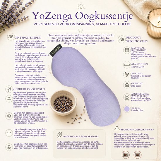 YoZenga oogkussen lijnzaad & biologische lavendel - Kleur: Lovely lilac - Ideaal bij hoofdpijn & stress klachten - Meditatie - Ontspanning - Yoga van YoZenga — afbeelding 3